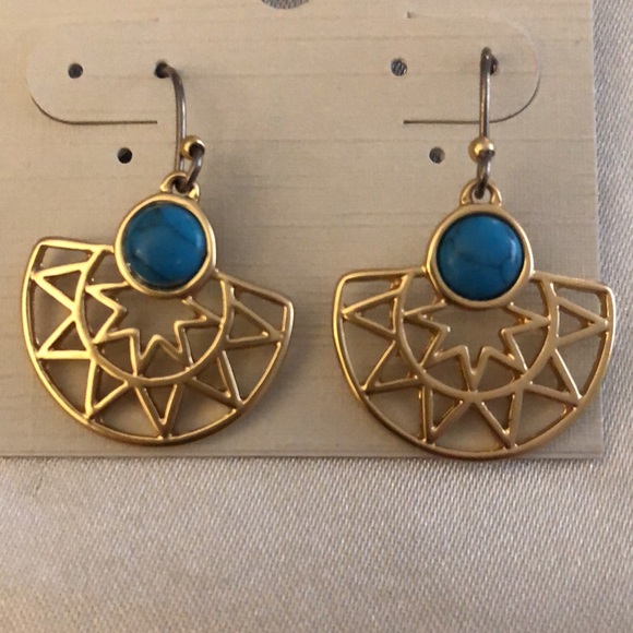 Lucky Brand Gold Tone Sun Ray Drop Earrings Turquoise Accent NWT - Picture 7 of 11